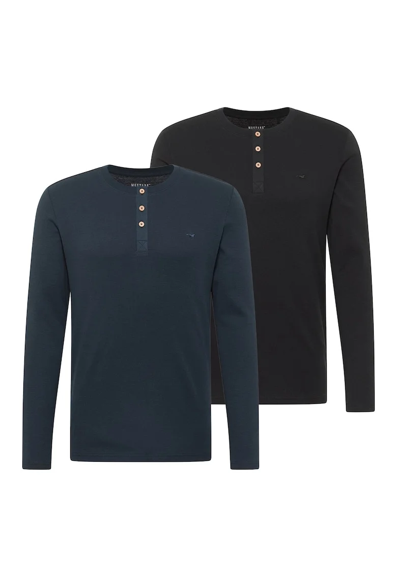 Set de bluze din bumbac organic cu fenta cu nasturi Arminto - 2 Piese, Negru/Albastru inchis