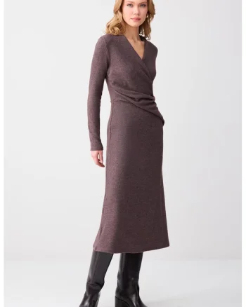 Rochie din tricot cu decolteu cache-coeur, Maro melange