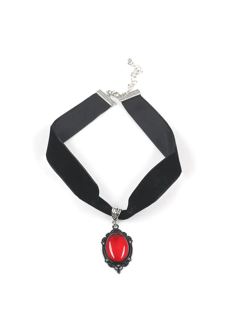 Choker  negru cu pandantiv rosu, 33cm, 10cm lant aditional