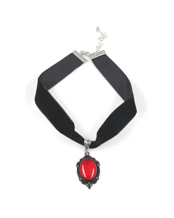 Choker  negru cu pandantiv rosu, 33cm, 10cm lant aditional