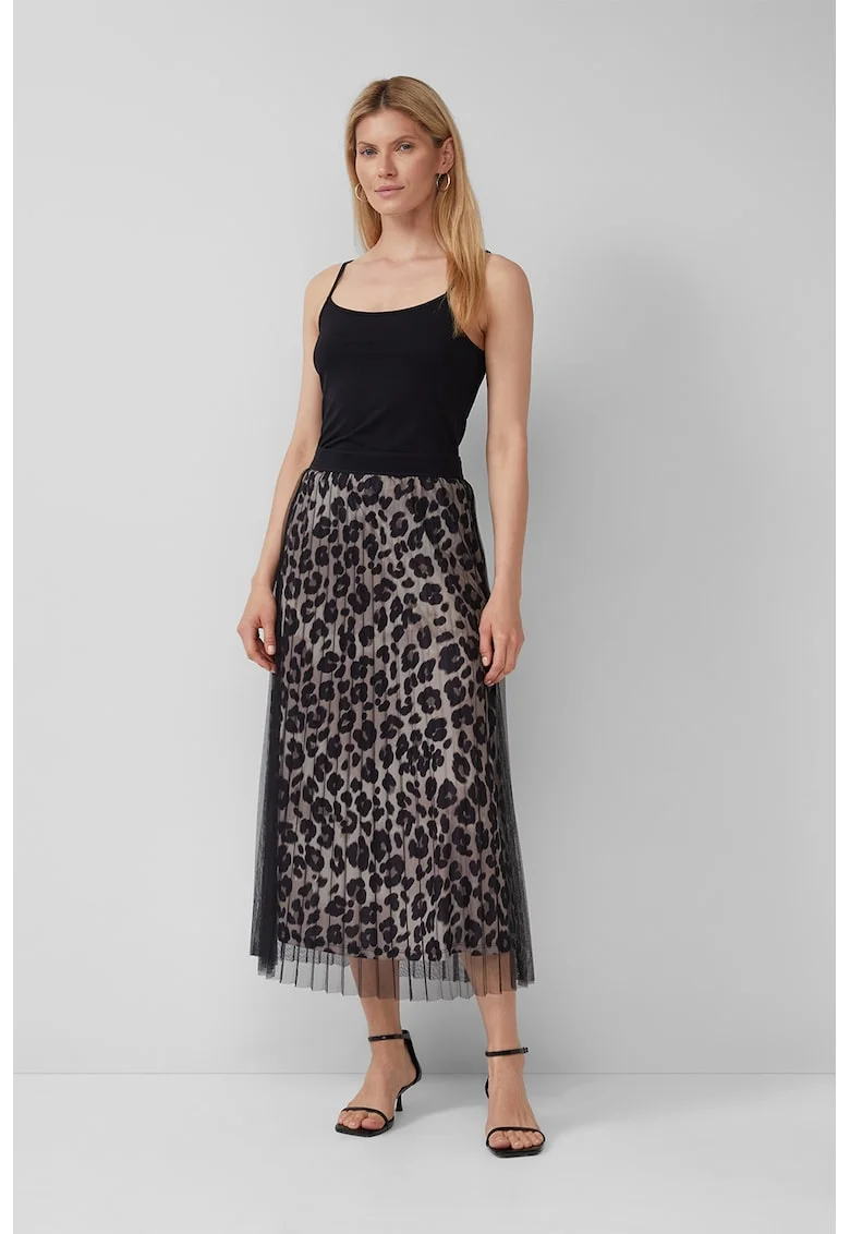 Fusta midi cu animal print, Maro inchis/Negru/Maro taupe