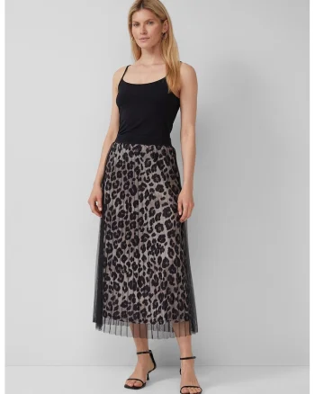 Fusta midi cu animal print, Maro inchis/Negru/Maro taupe