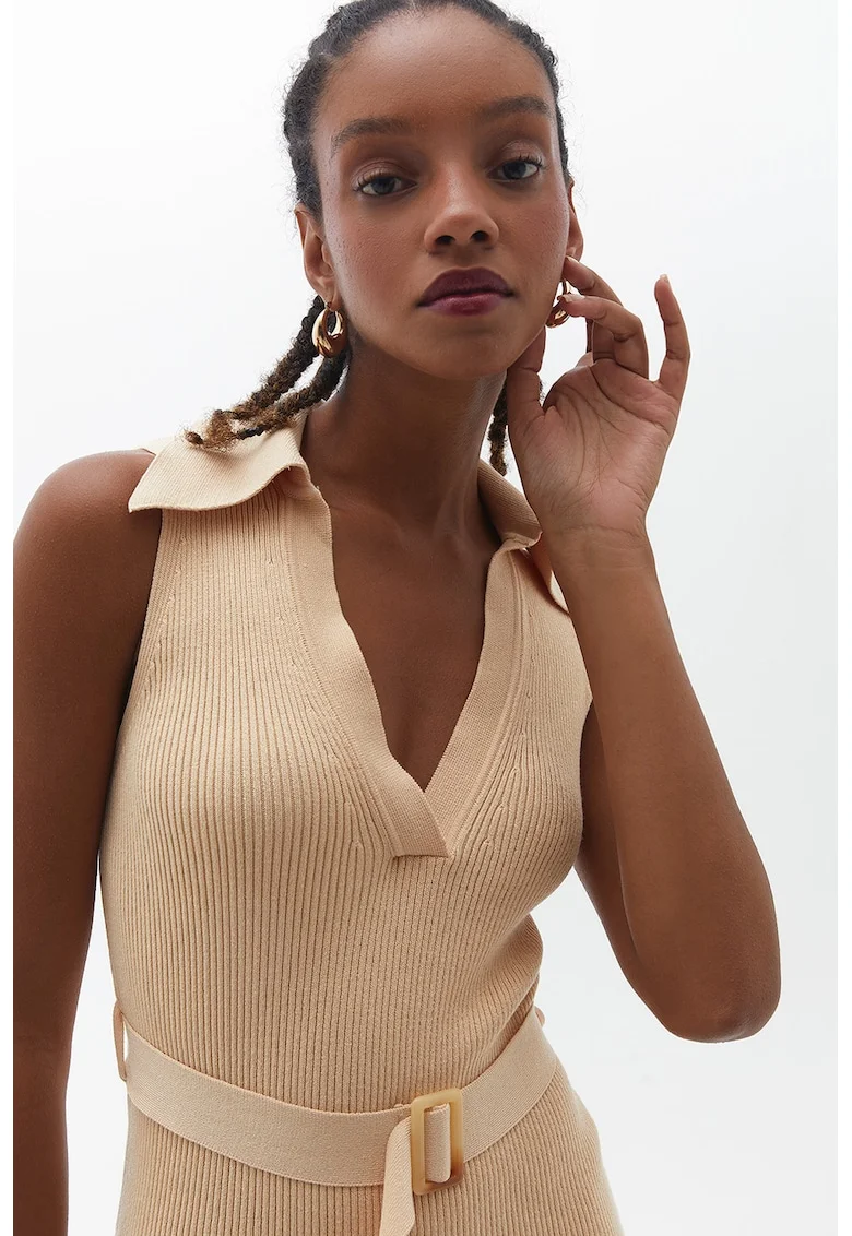 Rochie midi cu decolteu in V, Maro camel