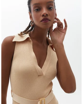 Rochie midi cu decolteu in V, Maro camel
