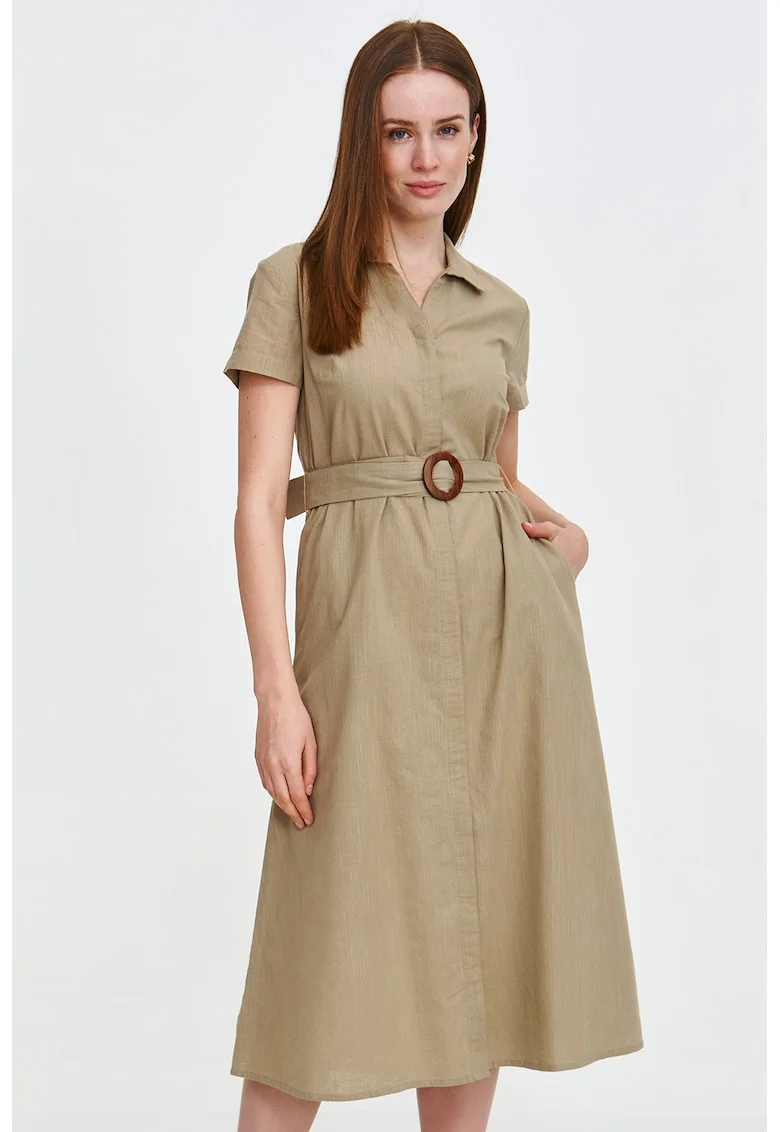 Rochie midi cu model si curea, Maro deschis