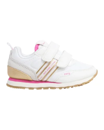 Pantofi sport cu insertii de material textil si cu velcro, Maro camel/Alb optic/Roz