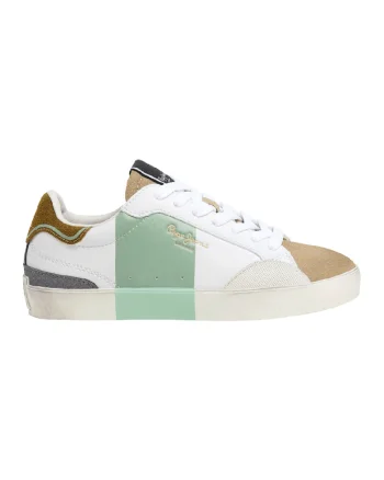 Pantofi sport cu insertii de piele intoarsa, Alb/Verde pal/Maro camel