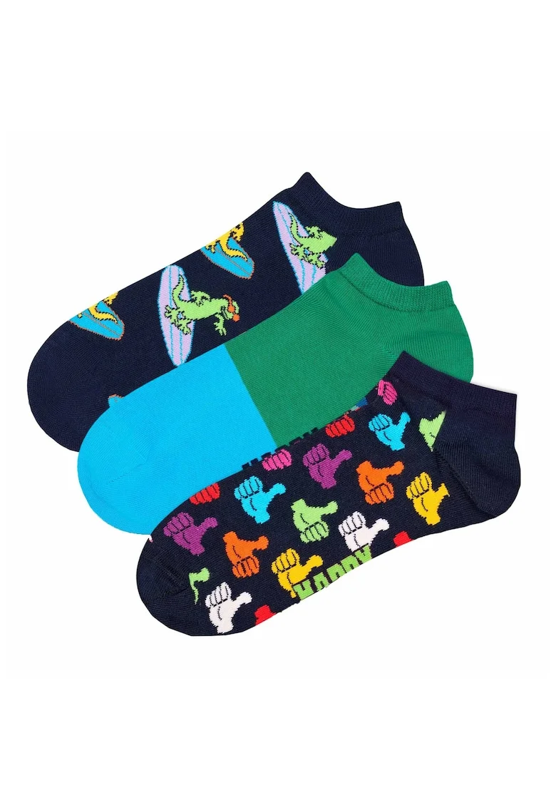 Set de sosete pana la glezna unisex cu imprimeu grafic - 3 perechi, Verde/Violet/Albastru