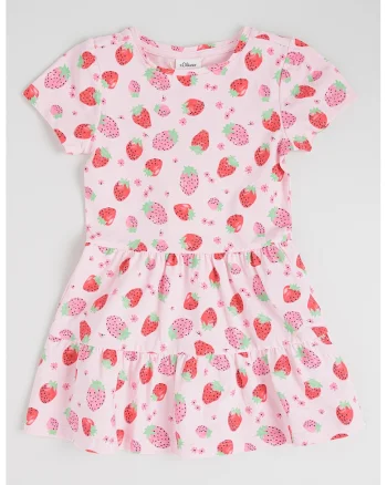 Rochie stratificata cu maneci scurte si model, Rosu/Roz