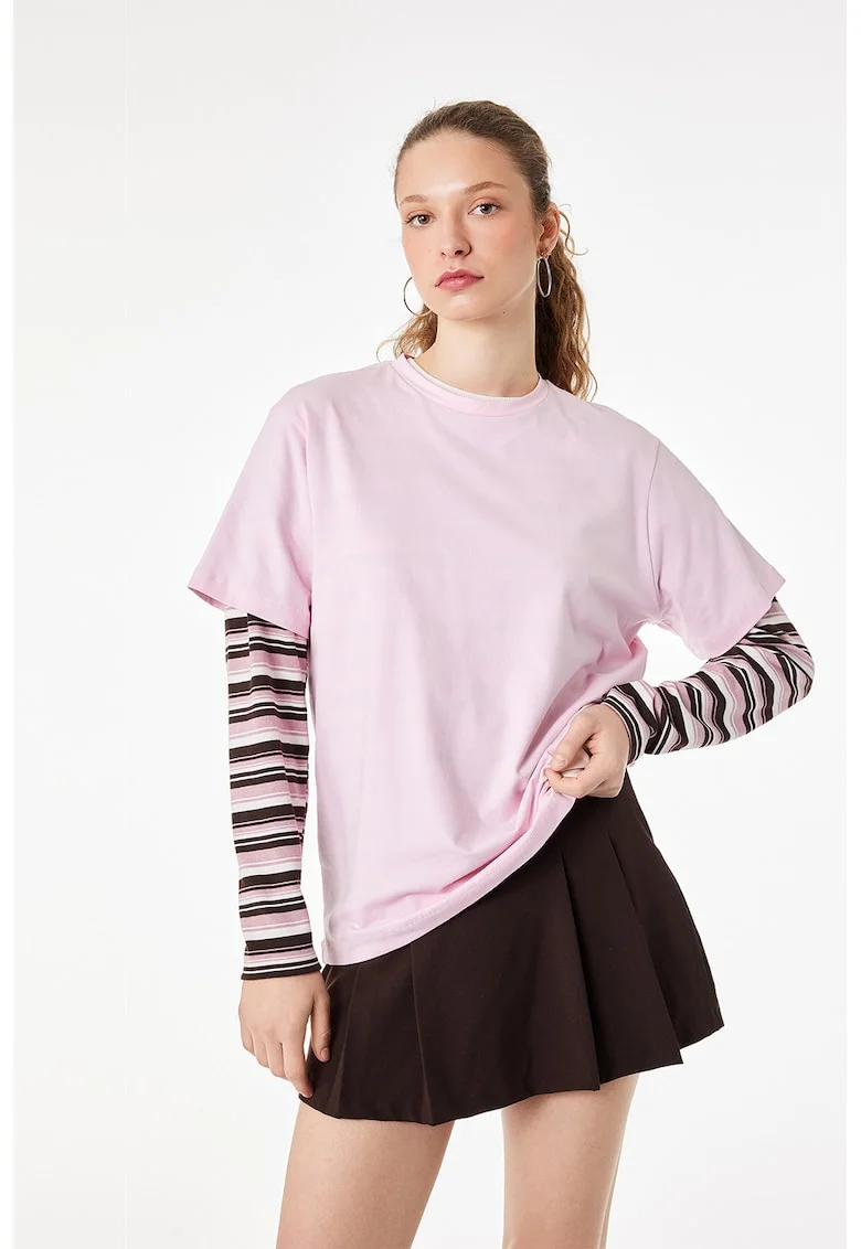 Tricou din amestec de bumbac cu decolteu la baza gatului, Roz deschis