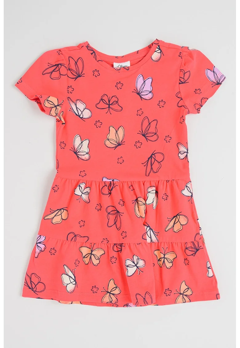 Rochie stratificata cu maneci scurte si model, Portocaliu/Roz