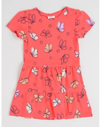 Rochie stratificata cu maneci scurte si model, Portocaliu/Roz