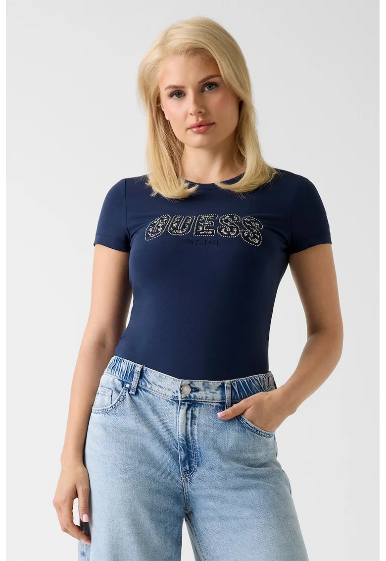 Tricou slim fit cu logo cu strasuri, Bleumarin