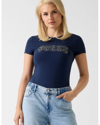 Tricou slim fit cu logo cu strasuri, Bleumarin