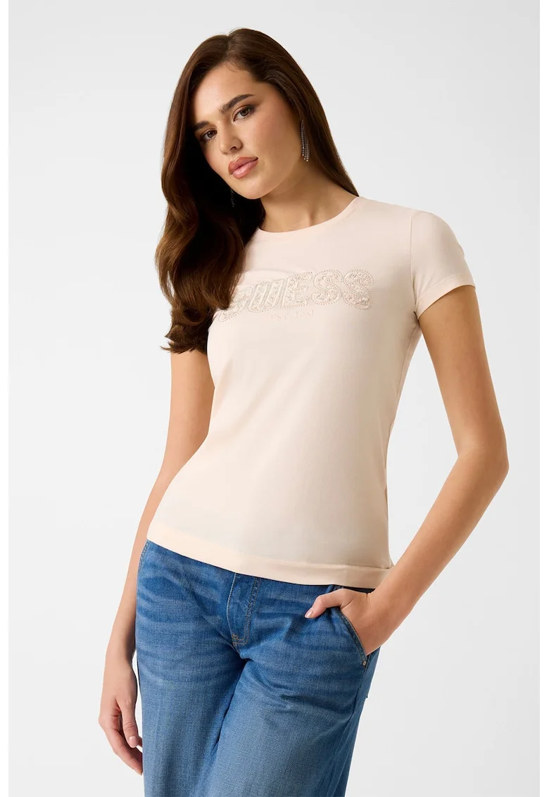 Tricou slim fit cu logo cu strasuri, Bej