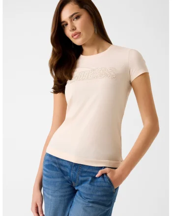 Tricou slim fit cu logo cu strasuri, Bej