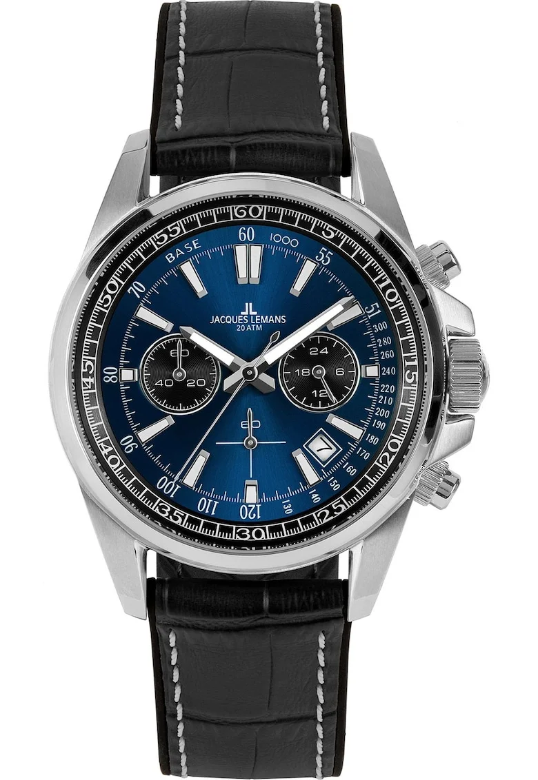 Ceas barbati  Liverpool Chronograph, data, inox/piele naturala, cronograf, Super-LumiNova, rezistent la apa 20 ATM, negru