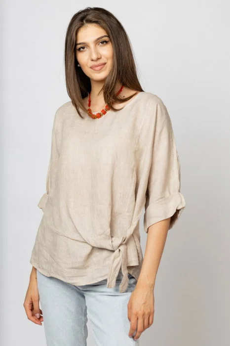 Bluza din in bej masura mare cu nod pe talie