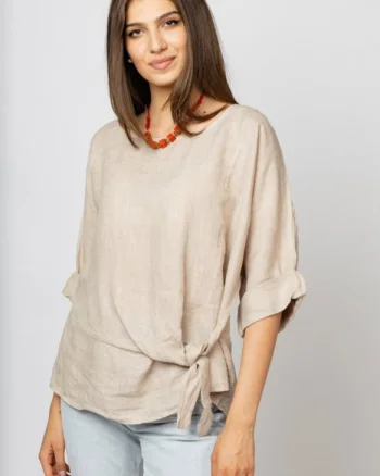 Bluza din in bej masura mare cu nod pe talie