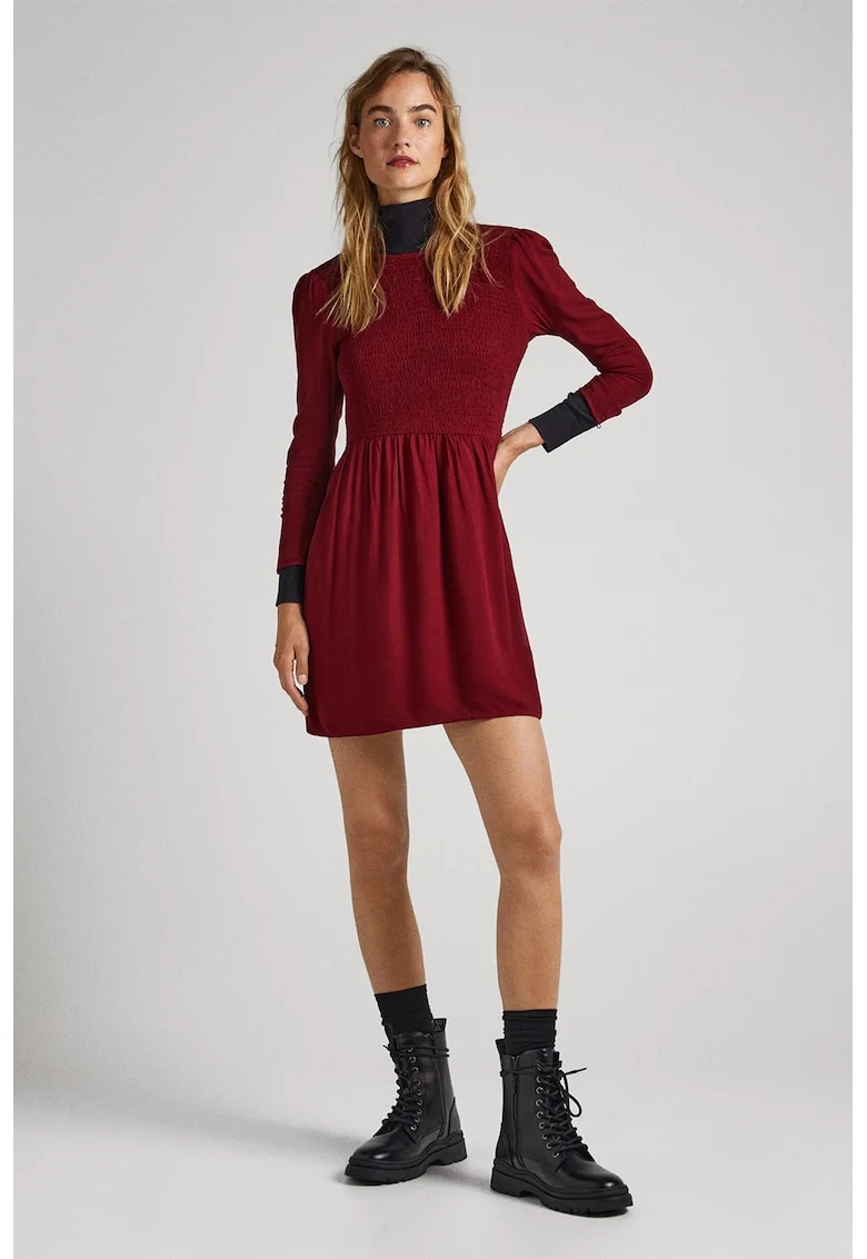 Rochie mini evazata cu insertie elastica, Visiniu