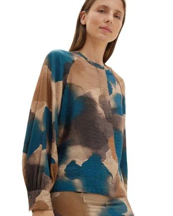 Bluza cu model watercolor, Maro/Albastru petrol