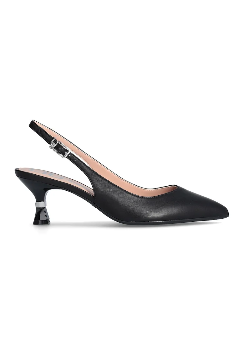 Pantofi slingback din piele cu varf ascutit si toc kitten, Negru