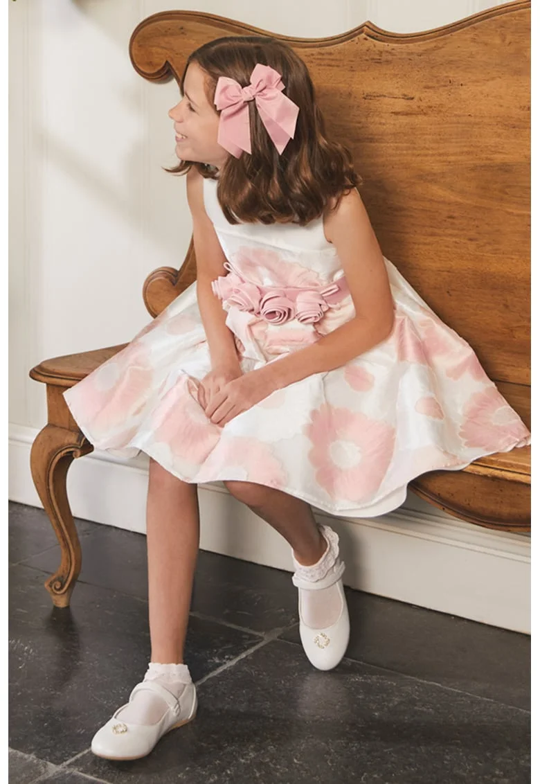 Rochie cu model floral si cordon in talie, Alb/Roz pal