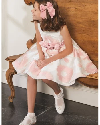 Rochie cu model floral si cordon in talie, Alb/Roz pal