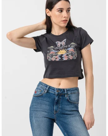 Tricou crop cu imprimeu grafic Blooming Skate, Verde/Negru/Albastru