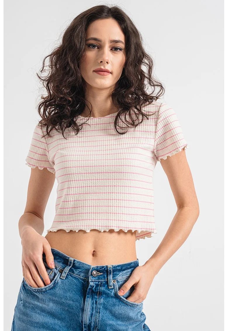 Tricou crop cu model in dungi, Roz/Crem