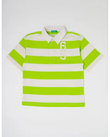 Tricou polo cu model in dungi, Alb/Verde lime