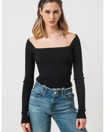 Pulover slim fit cu decolteu patrat Tolone, Negru