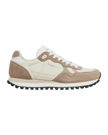 Pantofi sport cu insertii de piele intoarsa, Alb/Maro nisip