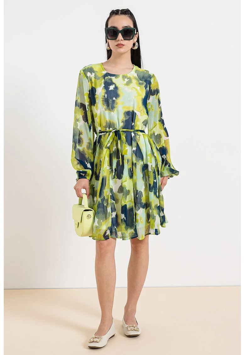 Rochhie evazata cu decolteu rotund si imprimeu, Verde lime/Bleumarin
