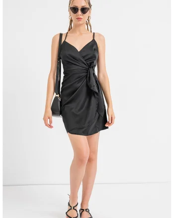 Rochie satinata cu decolteu in V, Negru