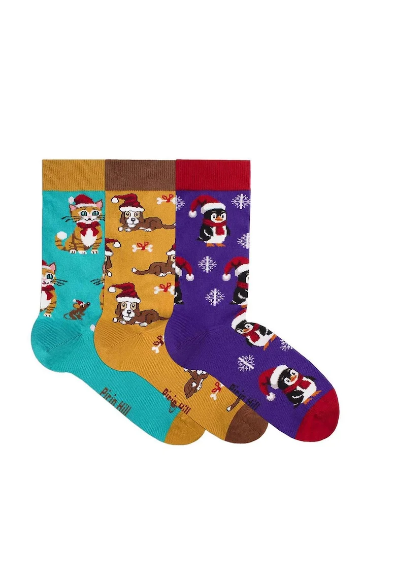 Set 3 perechi de sosete bumbac organic de craciun Colour Cotton Wintertime- Pinguin, Catel si Pisicuta