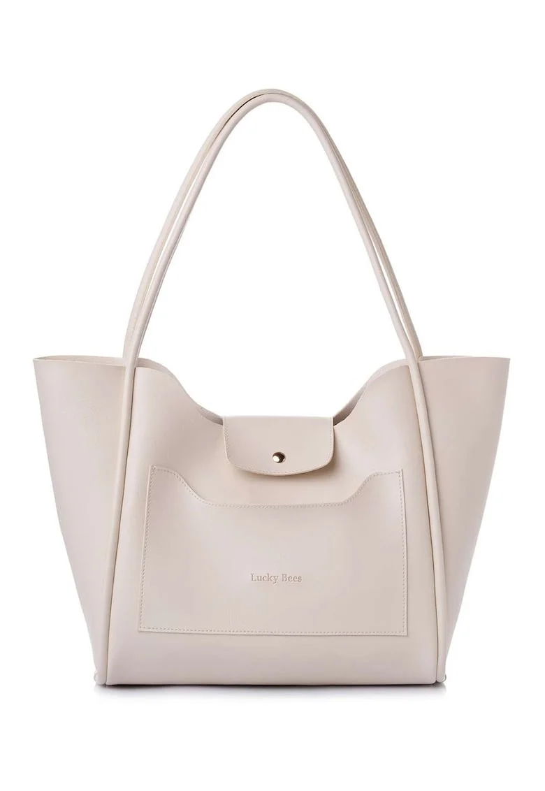 Geanta shopper din piele ecologica, Crem