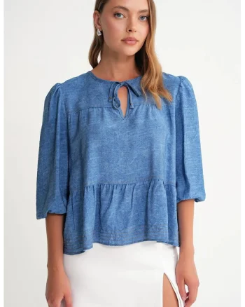 Bluza dama  cu maneci balon si volane, Albastru