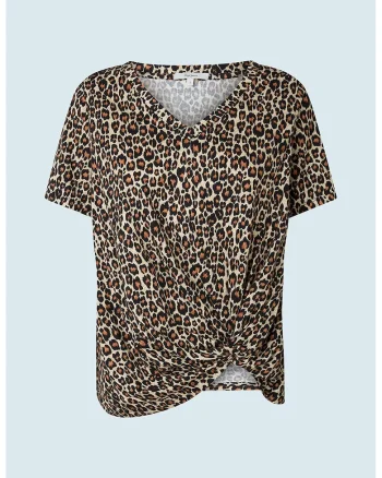 Tricou cu animal print si detaliu rasucit, Negru/Maro scortisoara/Crem