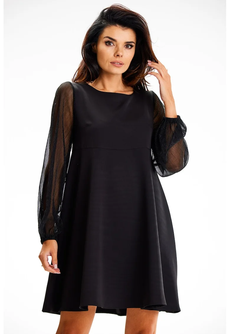 Rochie  A622, maneci din plasa, Poliester/Elastan, Negru