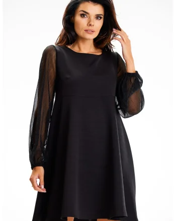 Rochie  A622, maneci din plasa, Poliester/Elastan, Negru