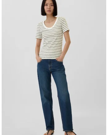 Tricou cu dungi si decolteu adanc, Alb/Kaki