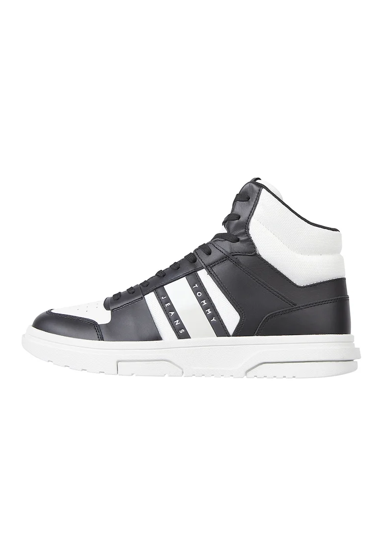 Pantofi sport medii cu detalii de piele, Negru/Alb optic