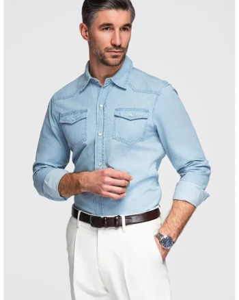 Camasa din denim cu capse, Albastru deschis