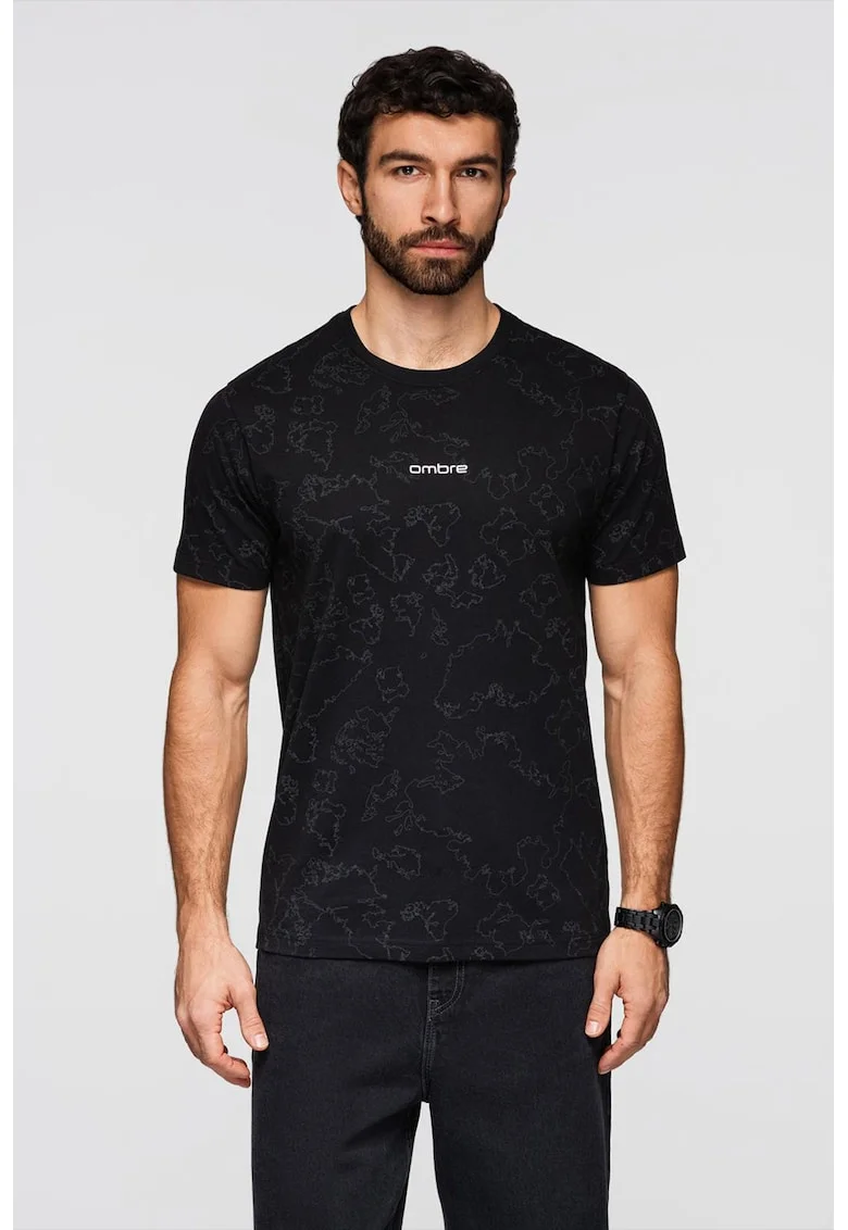Tricou slim fit cu model, Negru/Gri inchis