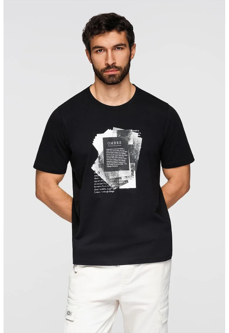 Tricou cu decolteu rotund si model grafic, Alb/Negru/Gri antracit