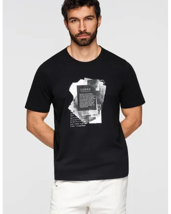 Tricou cu decolteu rotund si model grafic, Alb/Negru/Gri antracit