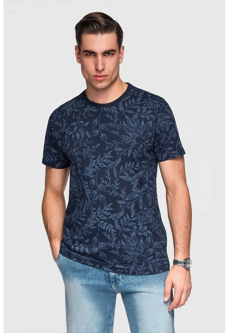 Tricou cu model si decolteu rotund, Albastru lavanda/Bleumarin