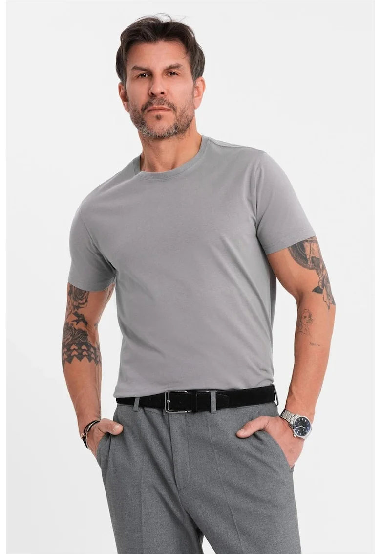 Tricou uni cu decolteu la baza gatului, Gri cenusiu
