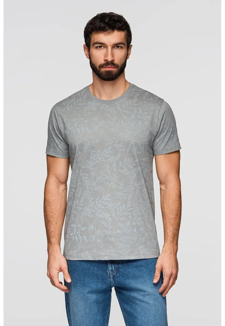 Tricou cu model si decolteu rotund, Gri/Albastru glaciar